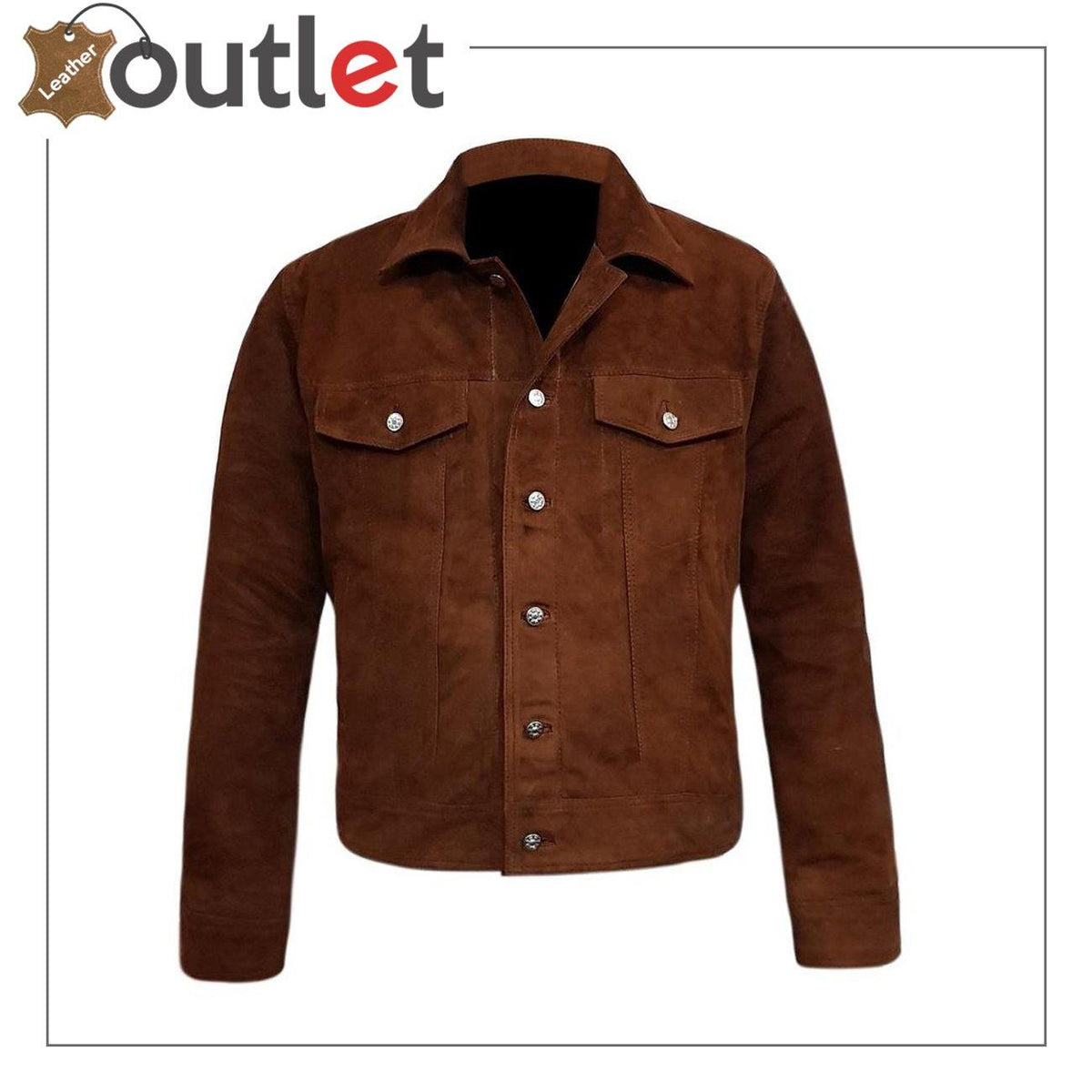 Men's brown distressed suede shirt jacket, front view with button placket and shirt collar