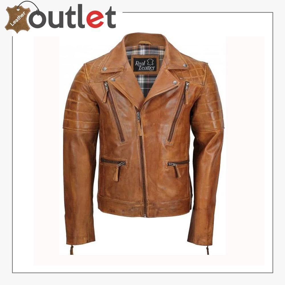 Mens tan sheep leather vintage style biker jacket with fine grain