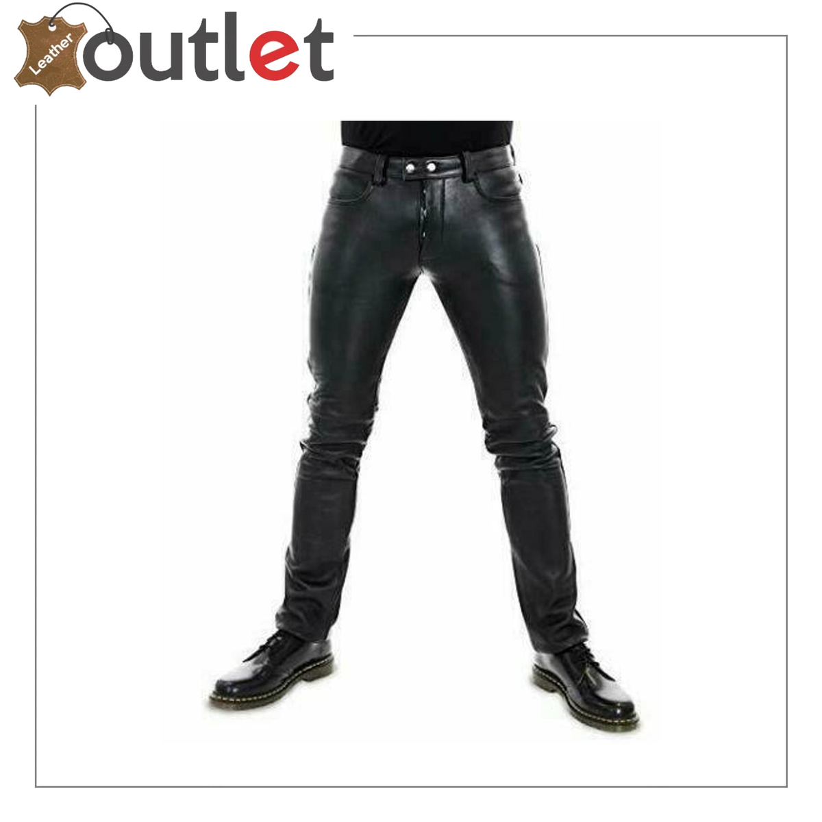 Mens padded leather biker pants, front view showing quilted panels