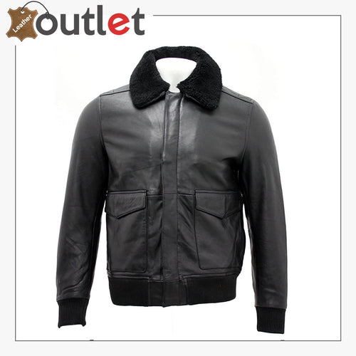 Men's A2 Black Sheep Napa Leather Bomber Jacket with Detachable Sheepskin Collar Leather Outlet