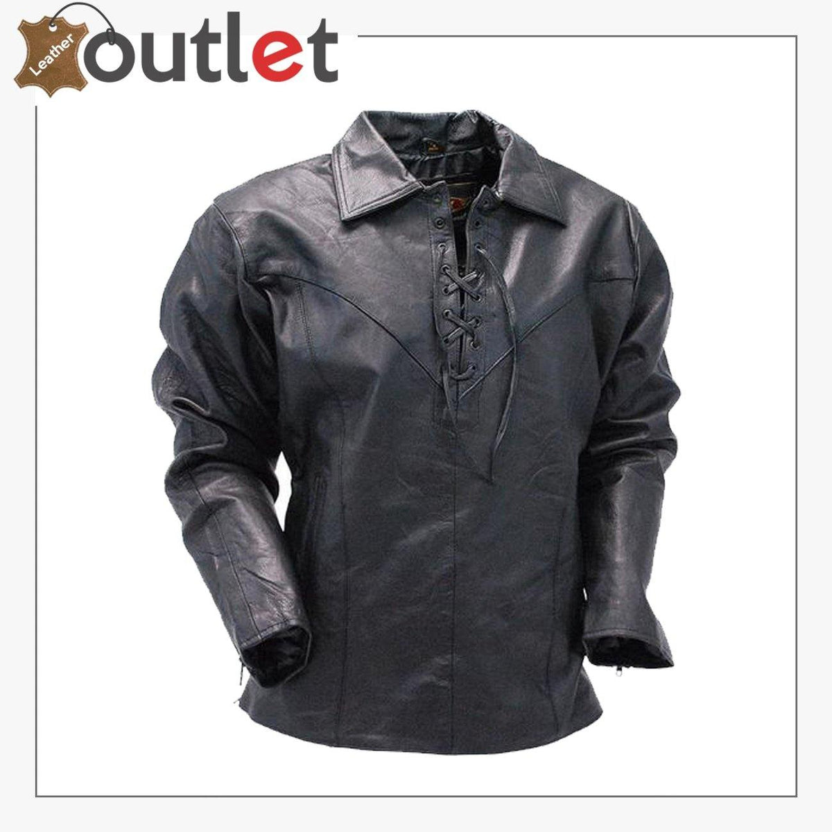 Handmade mens black leather lace up pull over shirt, front view
