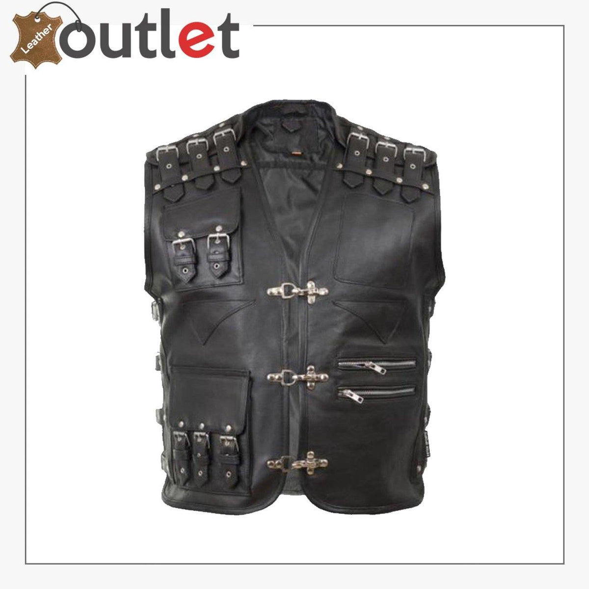 Mens heavy buckled rocker biker vest in genuine cow leather, front view