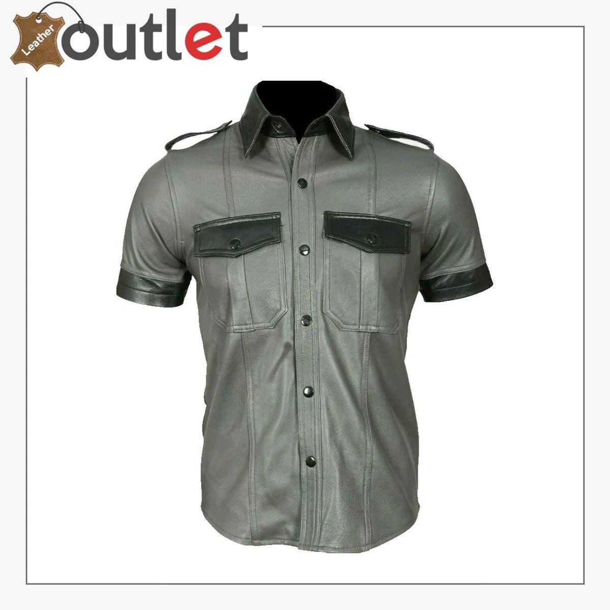 Mens grey genuine leather half sleeve shirt, front view