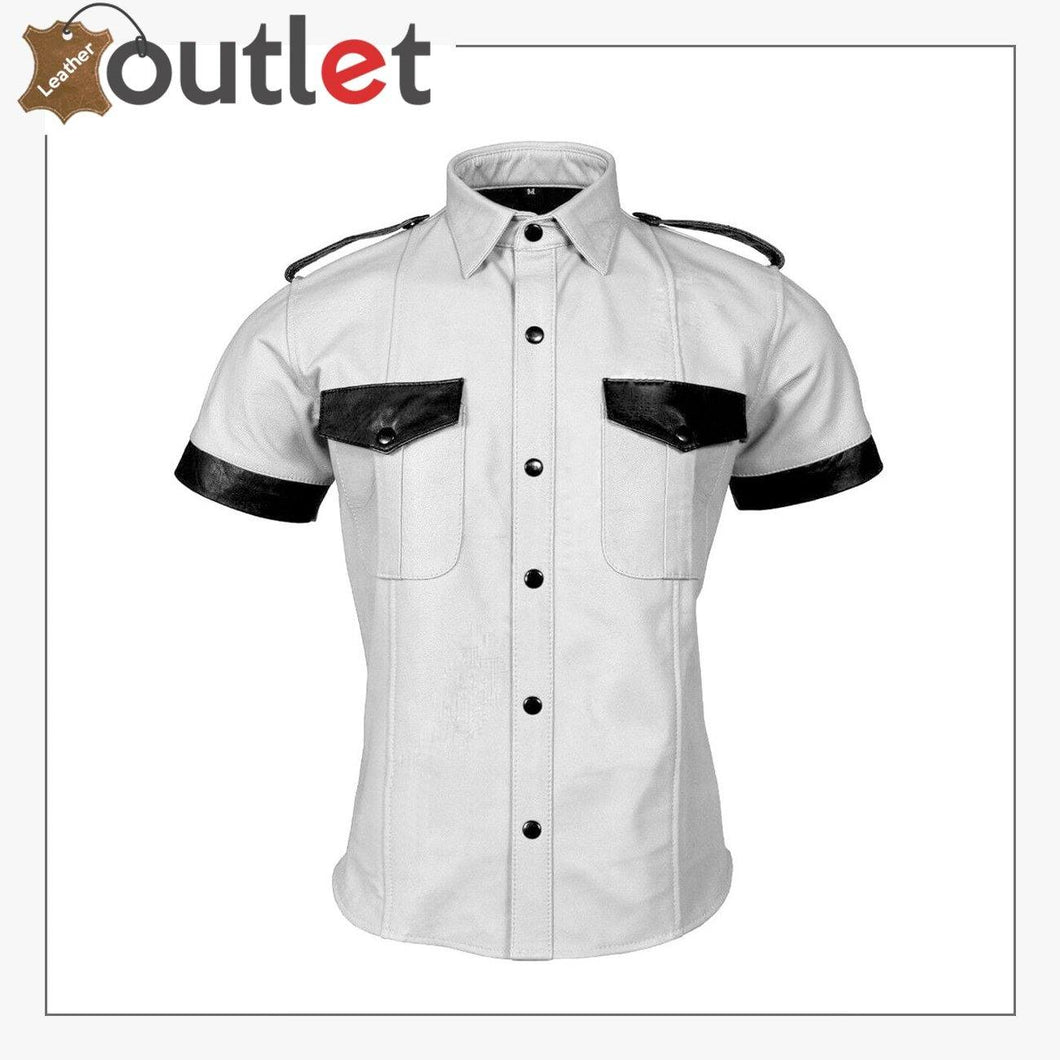 Men's Genuine Leather White Shirt Police Style