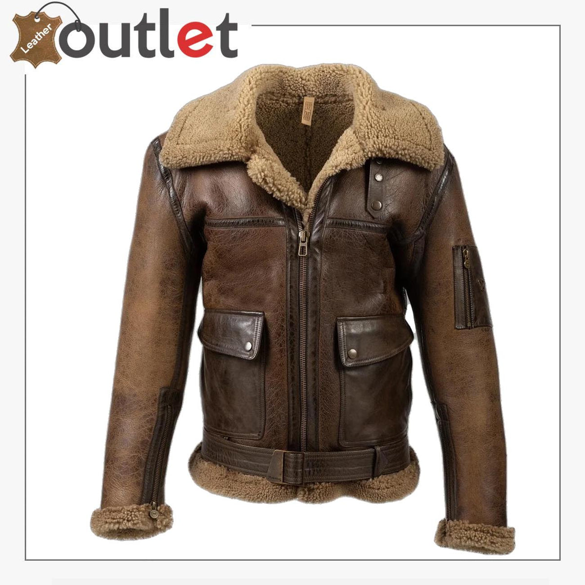 Mens aviator shearling leather bomber coat in genuine sheepskin