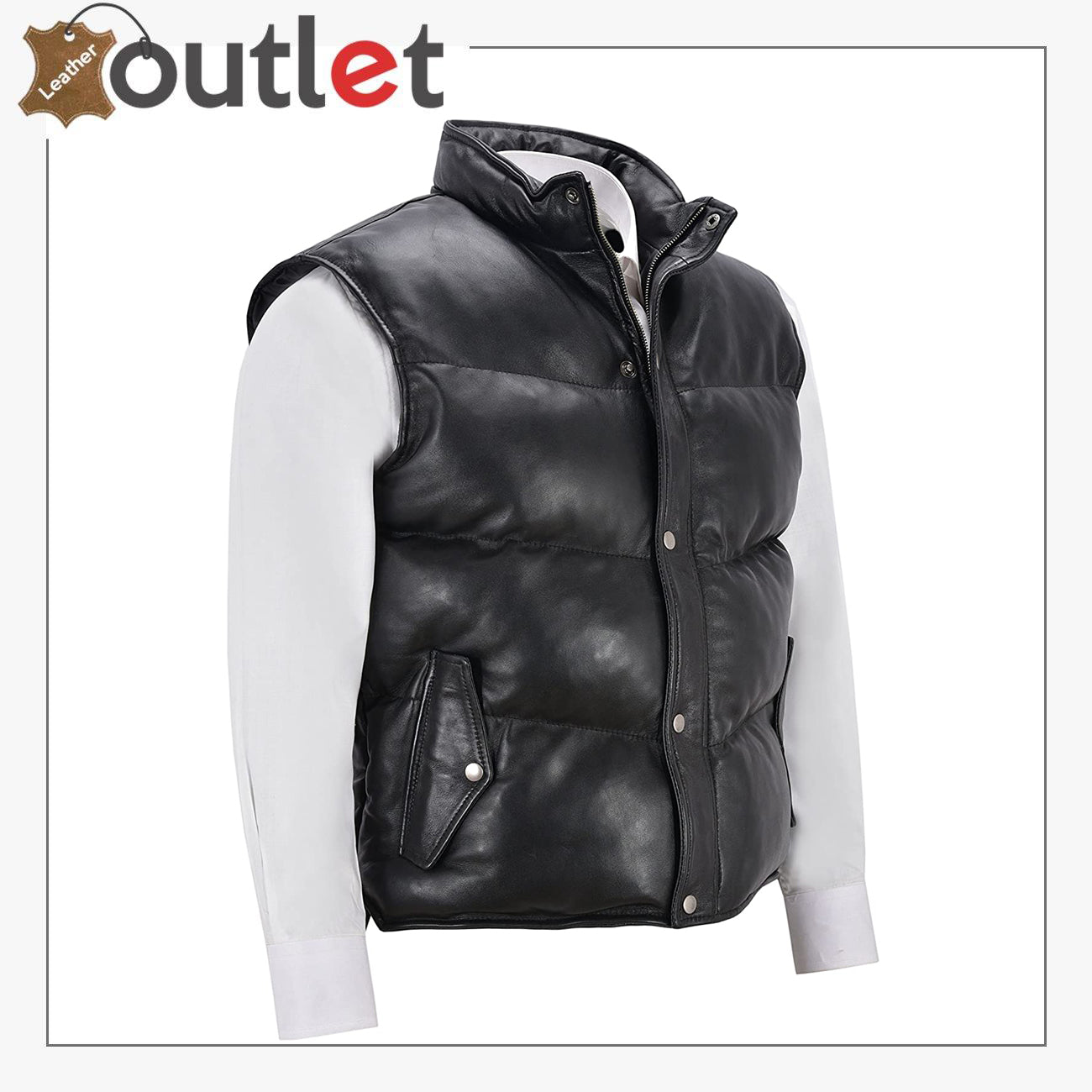 Men's Puffer Leather Black Casual Vest Leather Outlet