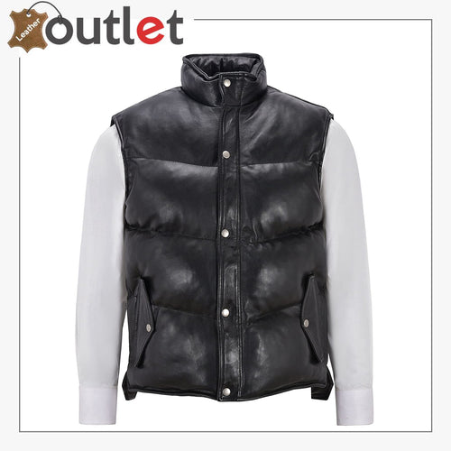 Men's Puffer Leather Black Casual Vest Leather Outlet