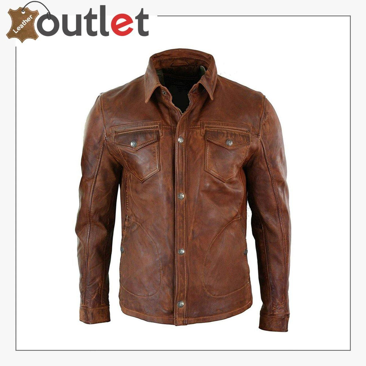 Mens tan washed slim fit leather shirt jacket, front view