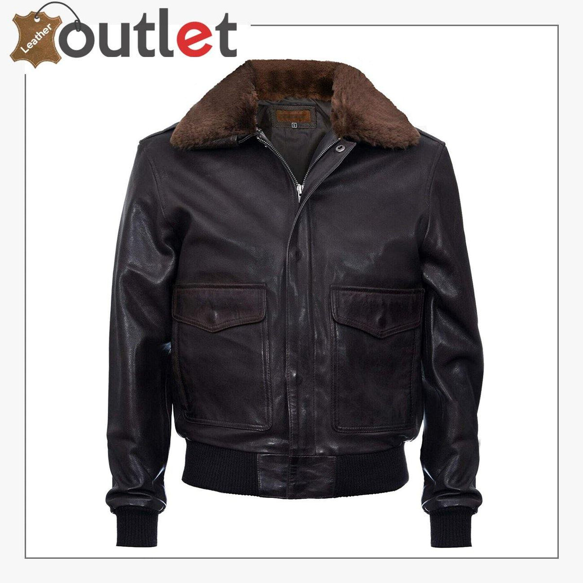 Mens real leather flight bomber jacket in brown, front view