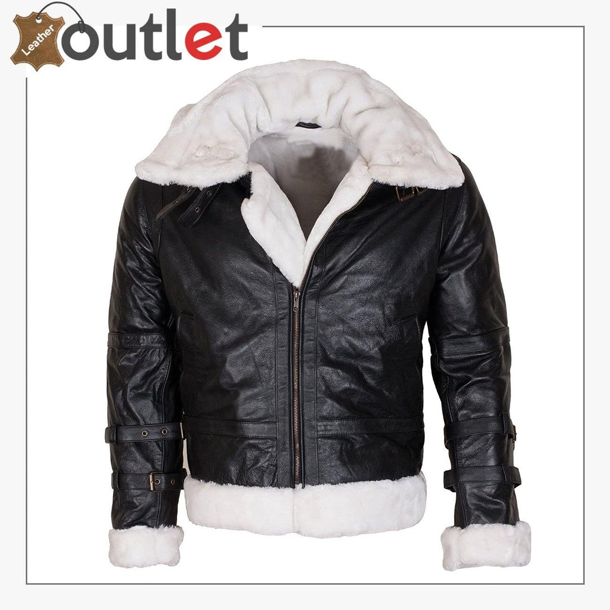 Mens B3 aviator black shearling fur bomber leather jacket, front view