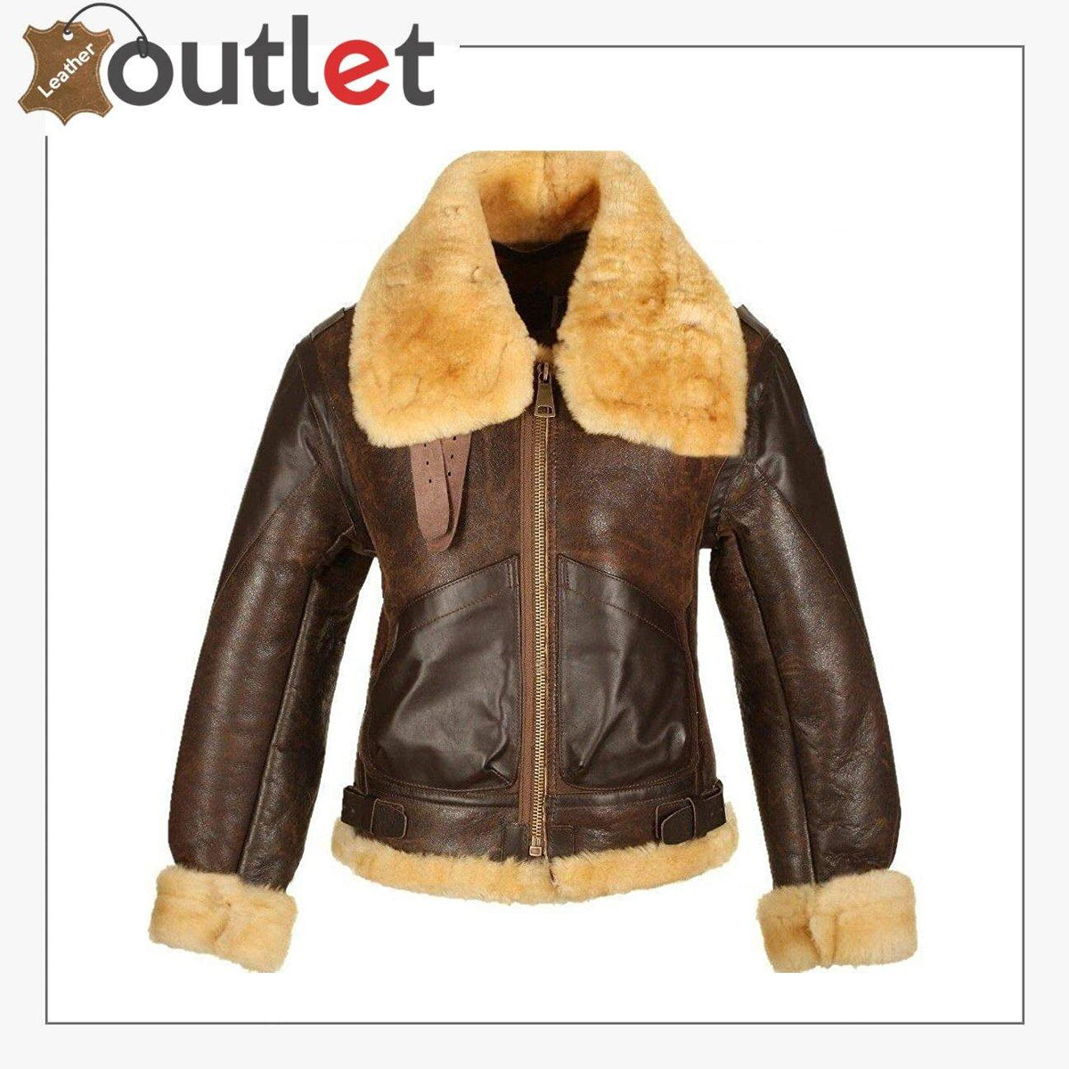 Mens B3 bomber jacket in brown real leather with cream shearling, front view