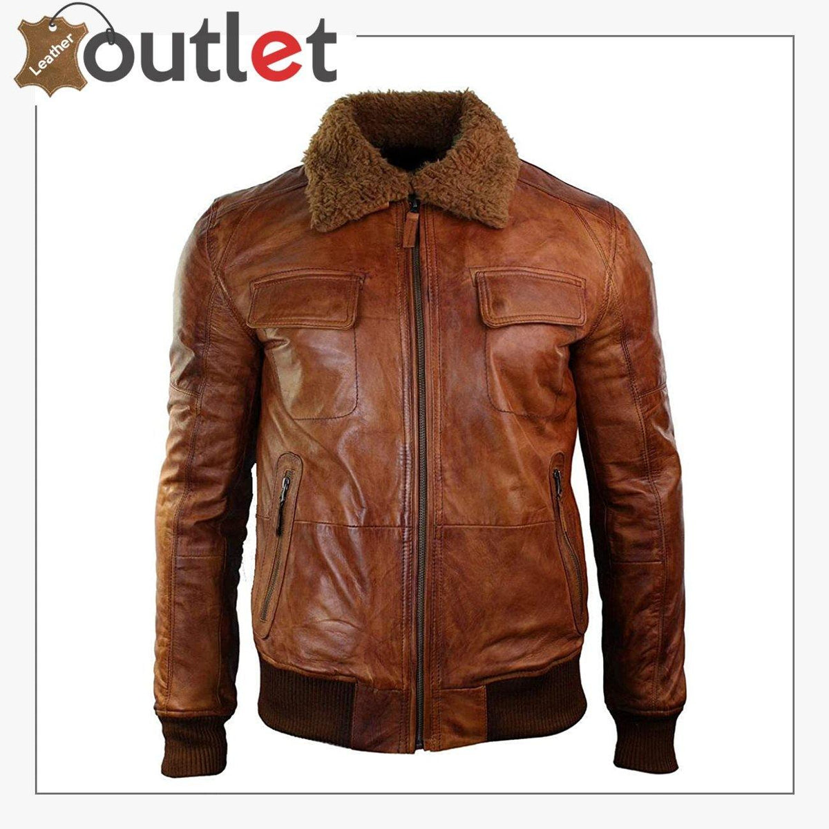 Mens B3 bomber jacket in rust tan brown with removable fur collar, front view