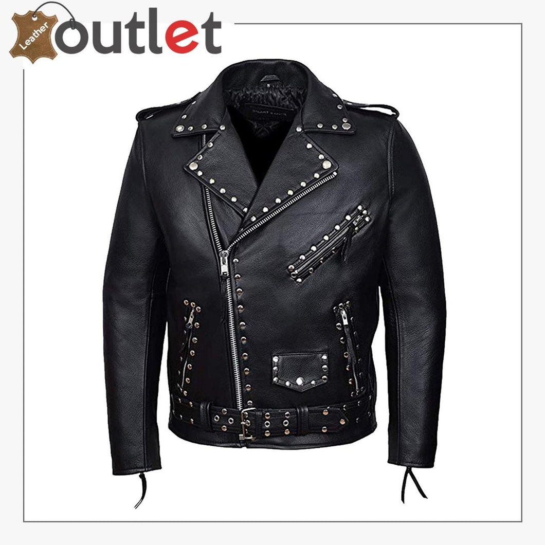 Mens Black Fashion Studded Punk Style Leather Jacket
