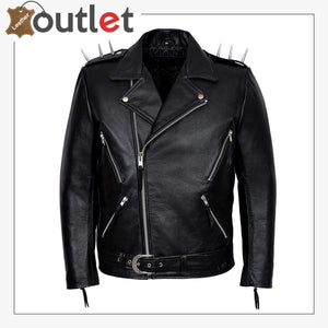 Mens Black Metal Spikes Motorcycle Cowhide Leather Jacket