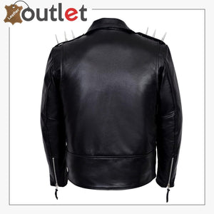 Mens Black Metal Spikes Motorcycle Cowhide Leather Jacket