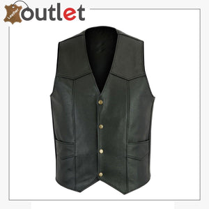 Mens Black Plain Real Leather Vest - Leather Outlet