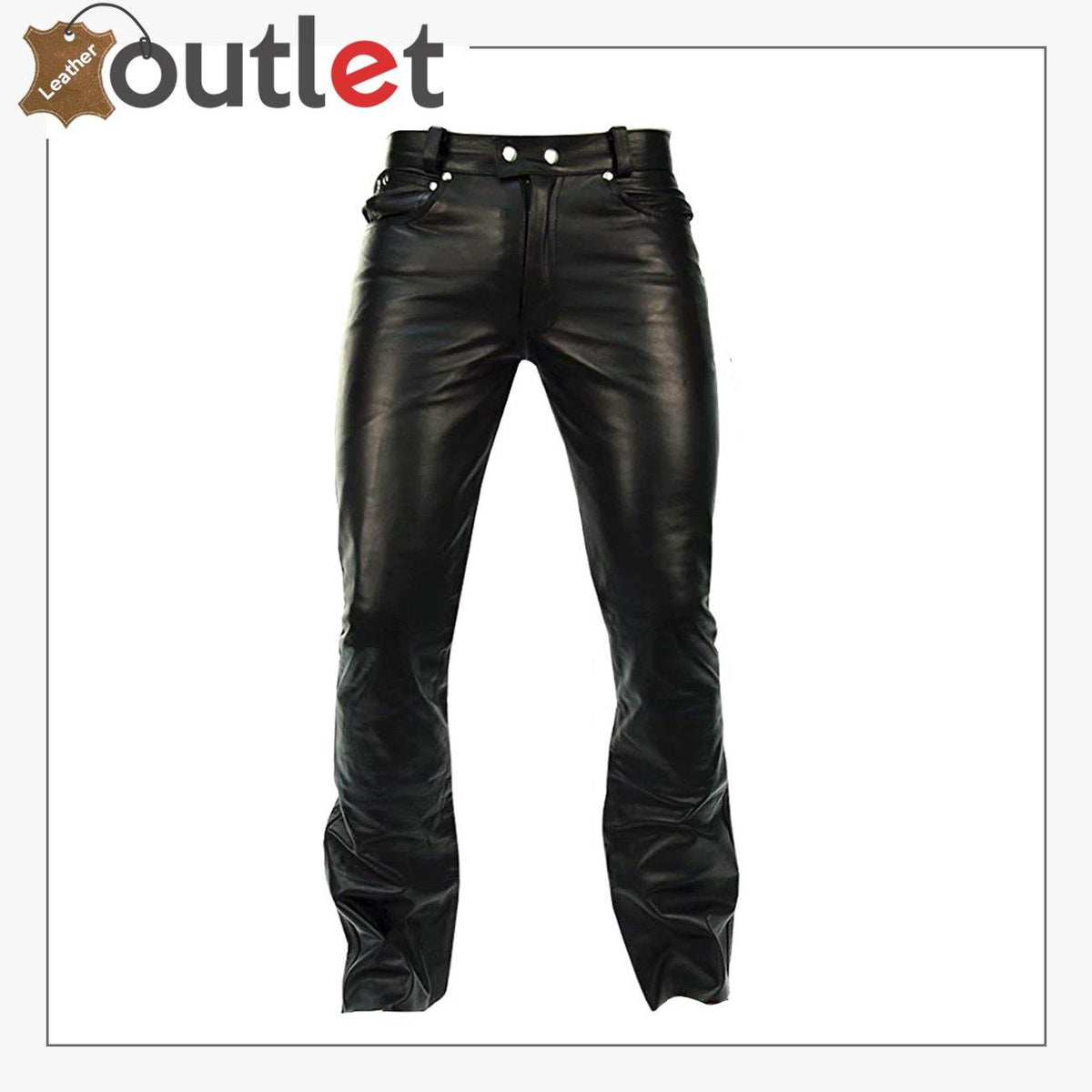 Mens black aniline leather pants with natural grain finish, front view