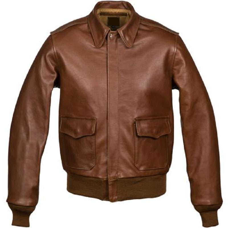 Military style A-2 brown leather bomber jacket for men
