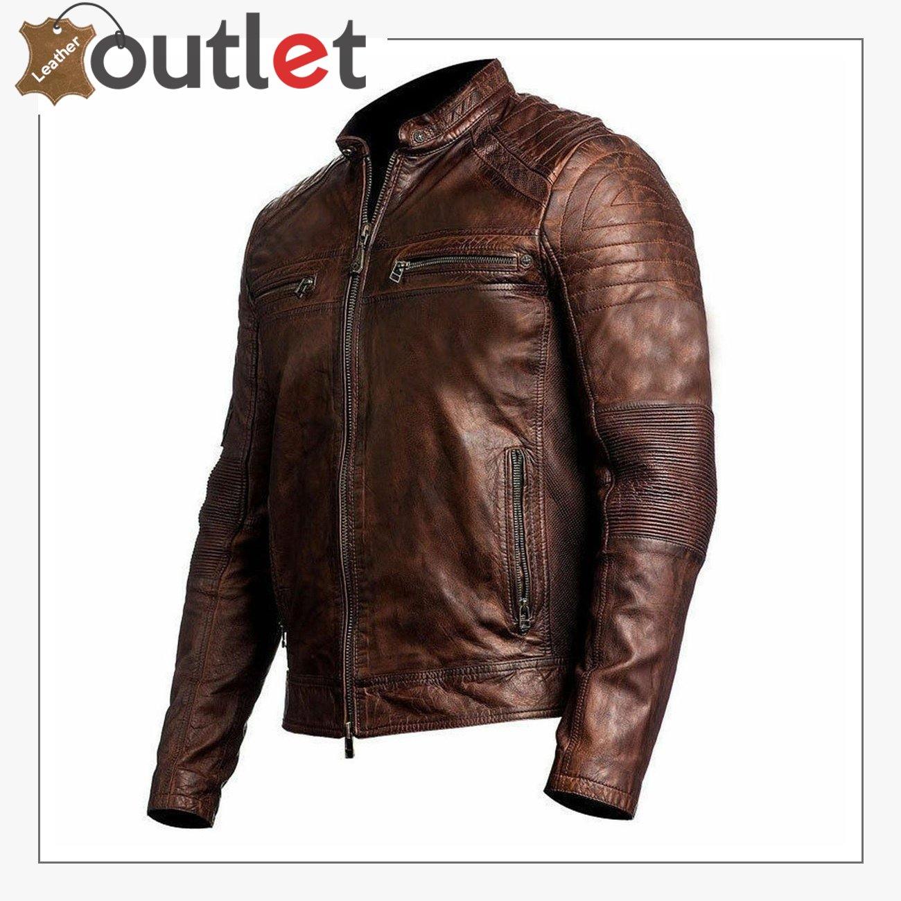Mens Brown Cafe Racer Vintage Distressed Motorbike Leather Jacket - Leather Outlet