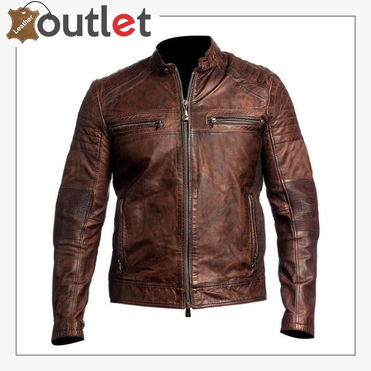 Mens brown cafe racer distressed leather jacket, front view with band collar and centre zip
