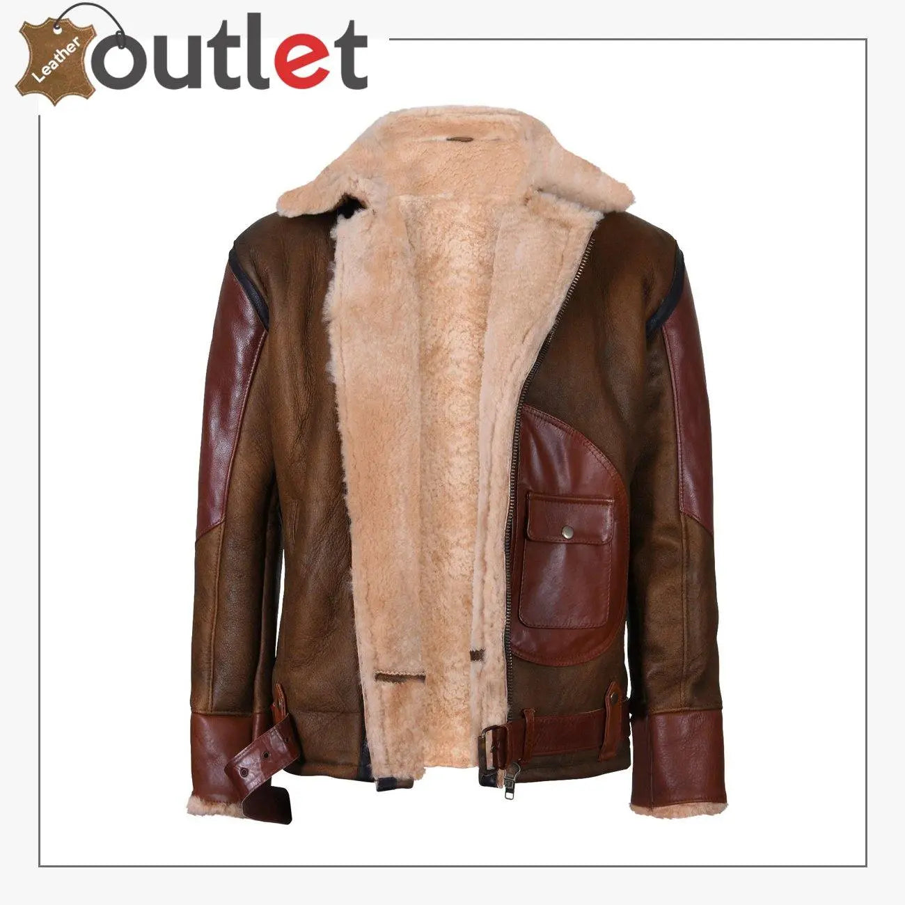 Men’s B3 Shearling Sheepskin Leather Bomber Jacket – Aviator Crosszip, Brown With Cream Wool, Size L