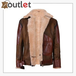 Mens Brown Crossover B3 Sheepskin Aviator Flying Leather Biker Jacket - Leather Outlet