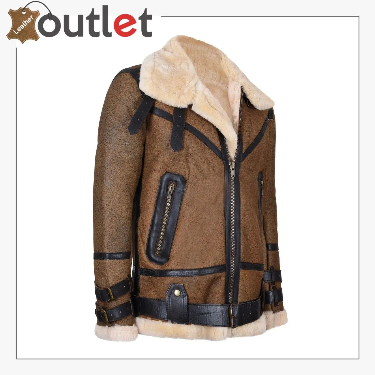 Mens Brown Vintage Pilot B3 Sheepskin Flying Leather Jacket - Leather Outlet