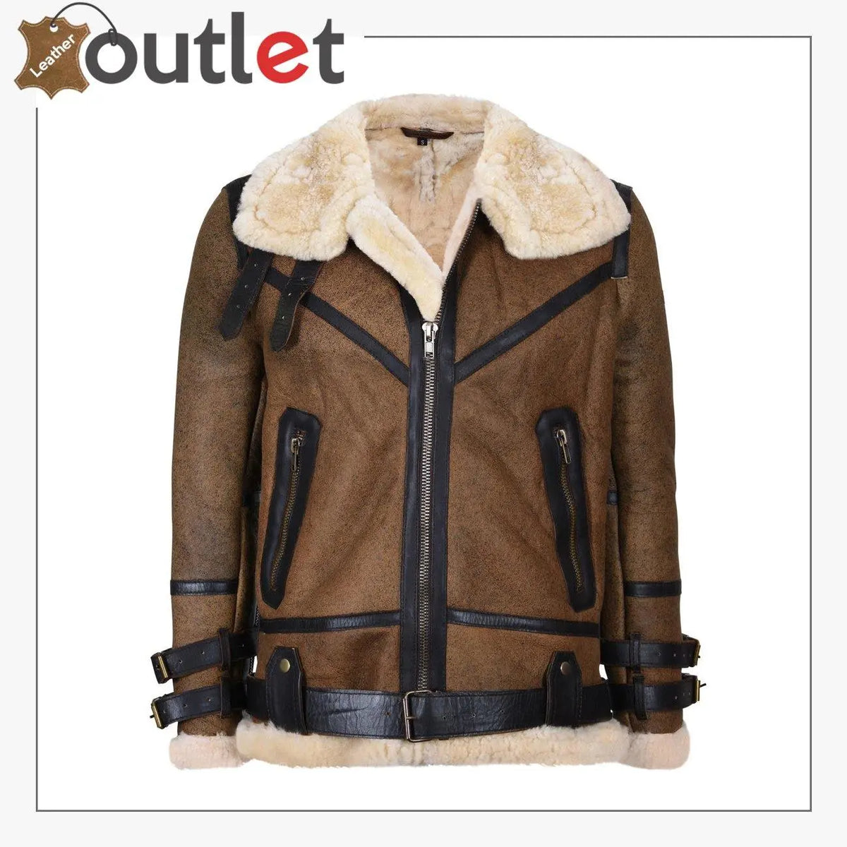 Mens brown vintage pilot B3 sheepskin flying leather jacket with oversized shearling collar, front view