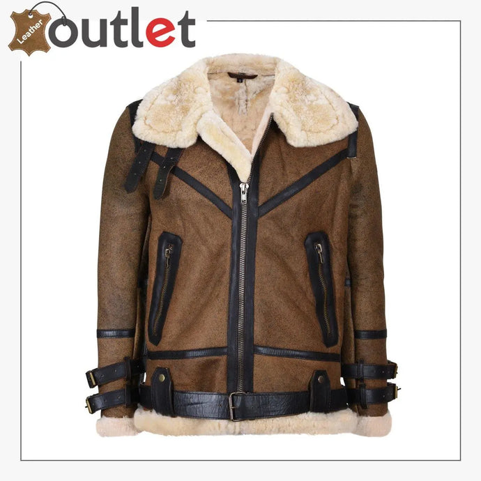 Mens Brown Vintage Pilot B3 Sheepskin Flying Leather Jacket - Leather Outlet