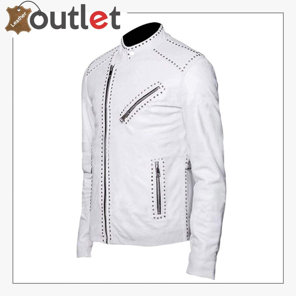 Mens classic Brando white leather motorcycle jacket with silver studs, front view