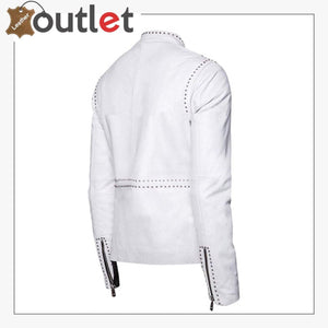 Mens Classic Brando Motorcycle Silver Studded White Geniune Leather Jacket