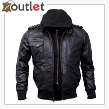 Load image into Gallery viewer, Mens Genuine Black Hooded Bomber Leather Jacket - Leather Outlet
