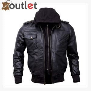 Mens Genuine Black Hooded Bomber Leather Jacket - Leather Outlet