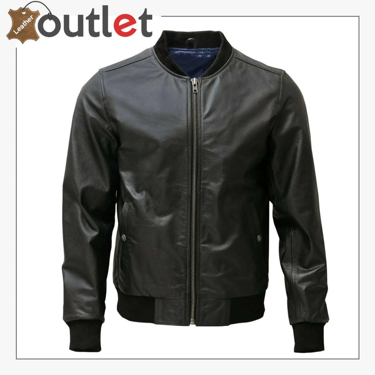 Lambskin leather bomber jacket for men in black with knit collar, front view