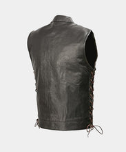 Load image into Gallery viewer, Men&#39;s Leather Club Style Vest Brown Side Laces Concealed Gun Pockets
