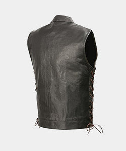 Men's Leather Club Style Vest Brown Side Laces Concealed Gun Pockets
