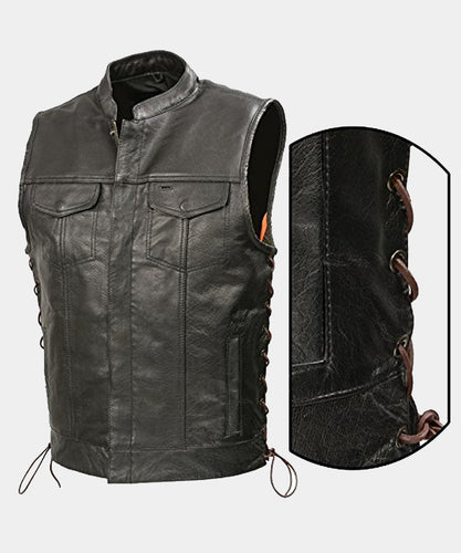 Men's Leather Club Style Vest Brown Side Laces Concealed Gun Pockets Leather Outlet