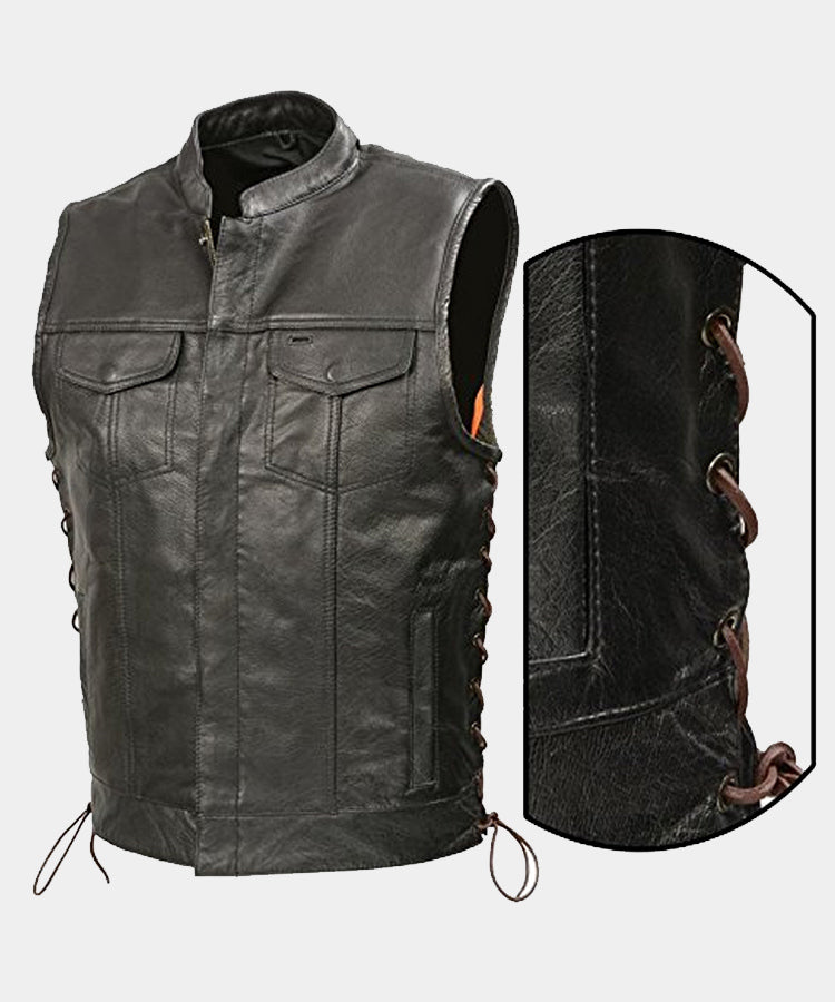 Men's Leather Club Style Vest Brown Side Laces Concealed Gun Pockets