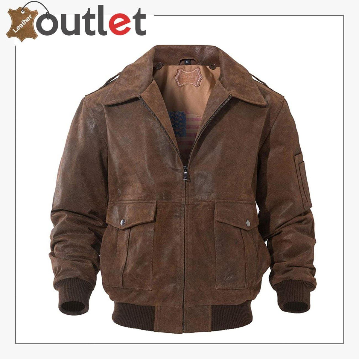 Mens leather flight bomber jacket in air force aviator style, front view