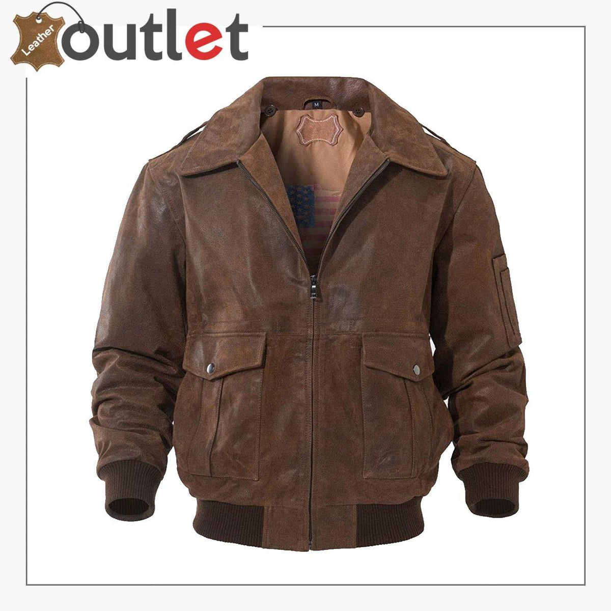 Mens brown real leather flight bomber jacket, front view