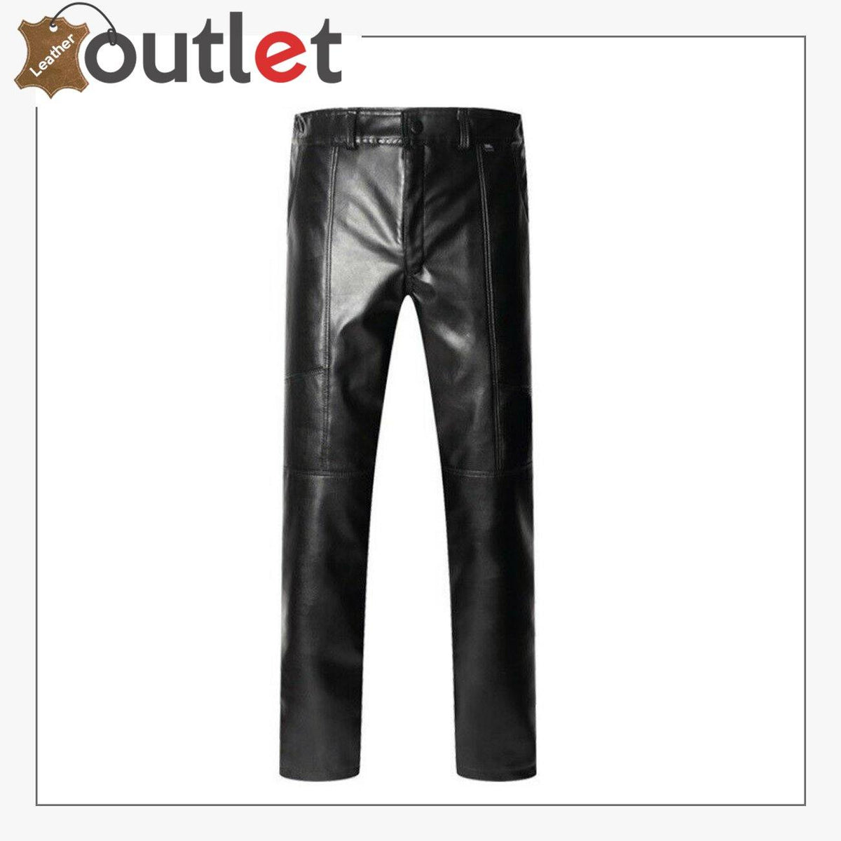 Mens black leather motorcycle trousers with straight leg, front view