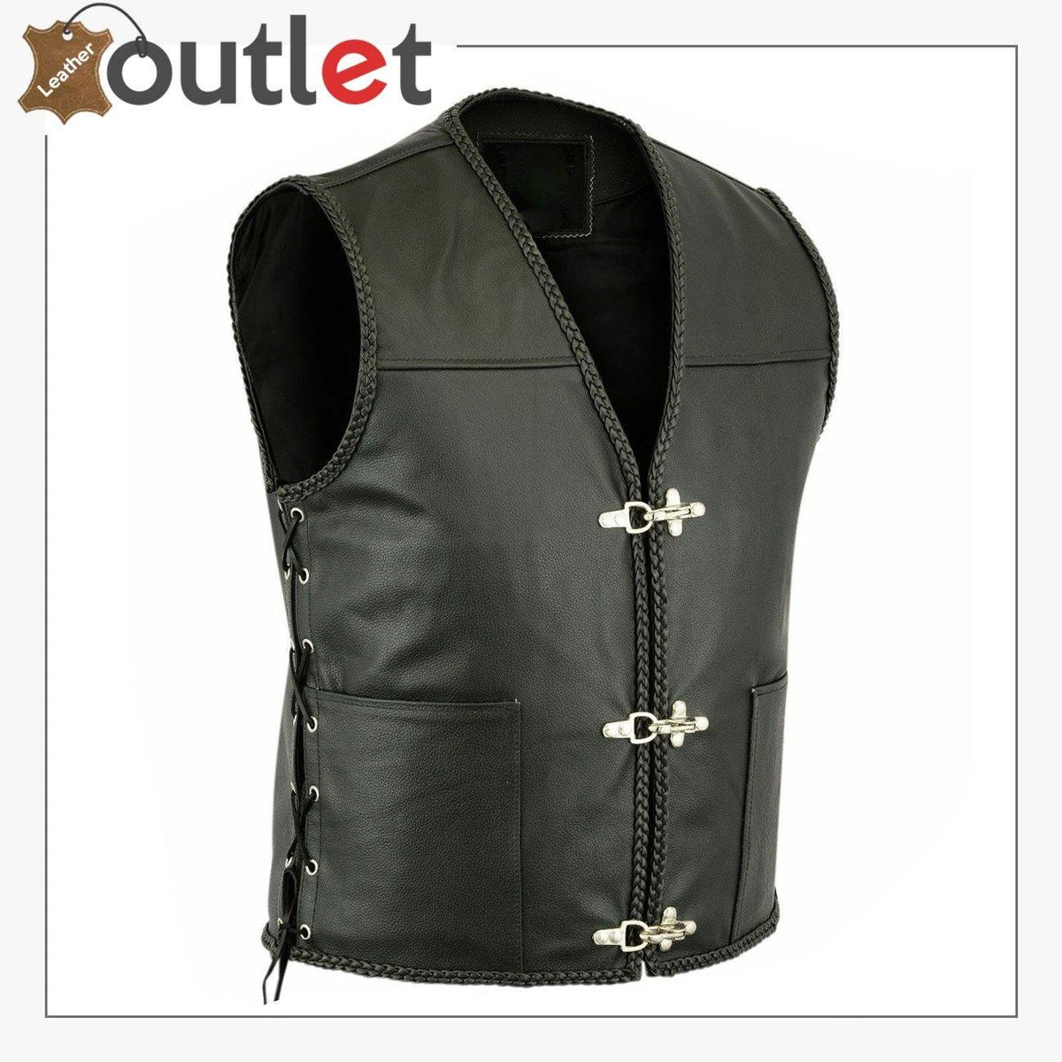 Mens black leather motorbike vest with side buckles, front view