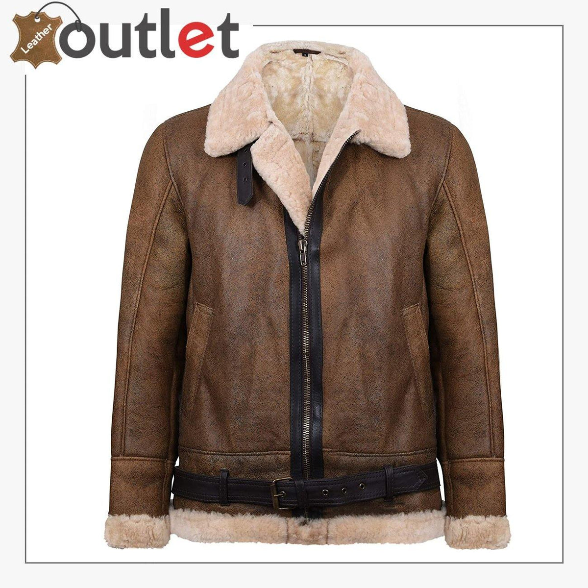 Mens light brown B3 sheepskin aviator flying bomber jacket, front view
