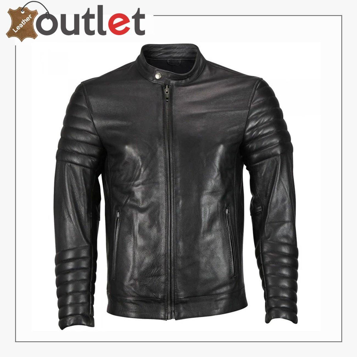 Mens moto snap collar biker leather jacket in matte black, front view with collar snapped down