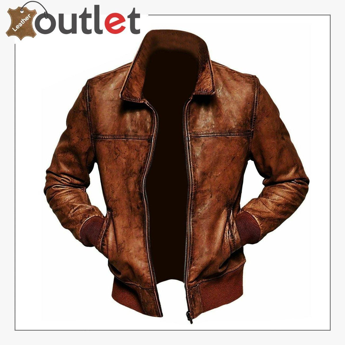 Mens brown winter leather bomber jacket, front view with knit collar