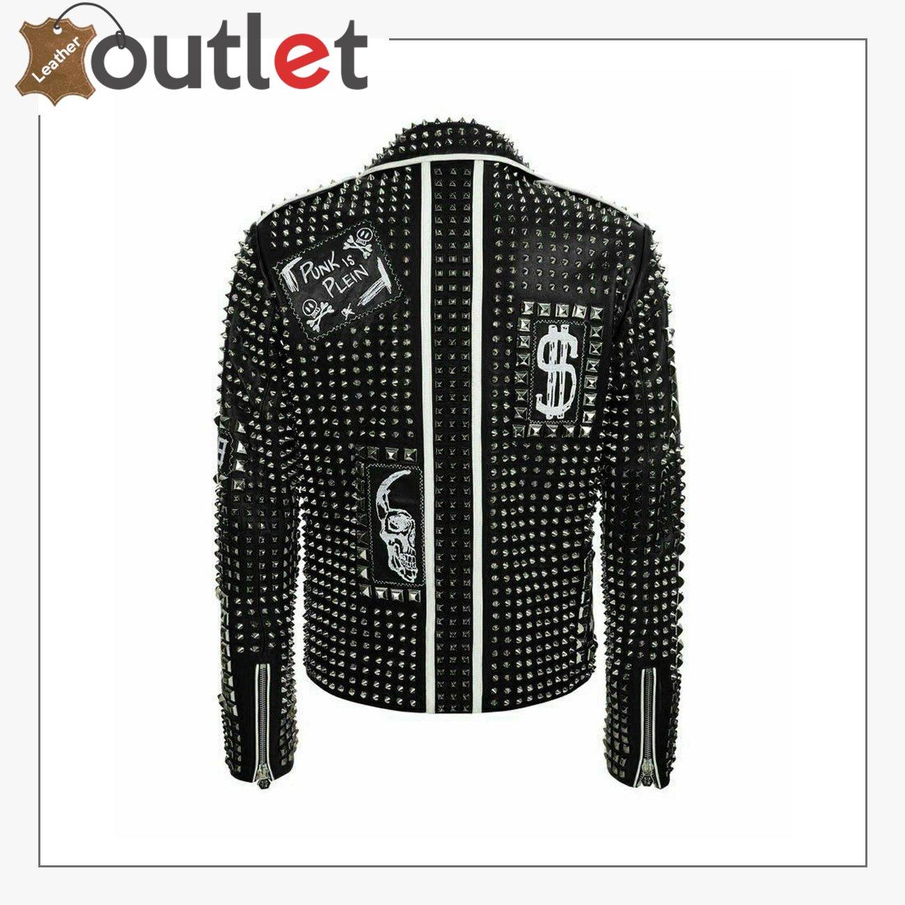 Mens Punk Biker Full Black Studded Embroidery Patches Leather Jacket - Leather Outlet