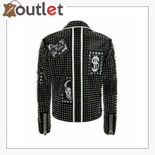 Load image into Gallery viewer, Mens Punk Biker Full Black Studded Embroidery Patches Leather Jacket - Leather Outlet
