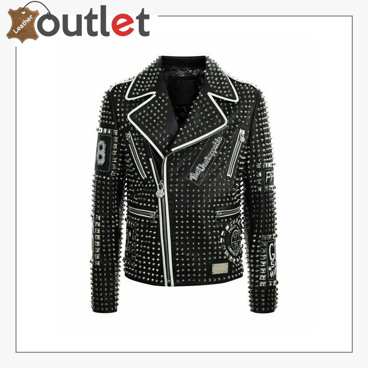 Mens punk biker black leather jacket with studs, embroidery and stitched patches, front view