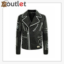 Load image into Gallery viewer, Mens Punk Biker Full Black Studded Embroidery Patches Leather Jacket - Leather Outlet
