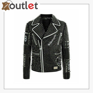 Mens Punk Biker Full Black Studded Embroidery Patches Leather Jacket - Leather Outlet